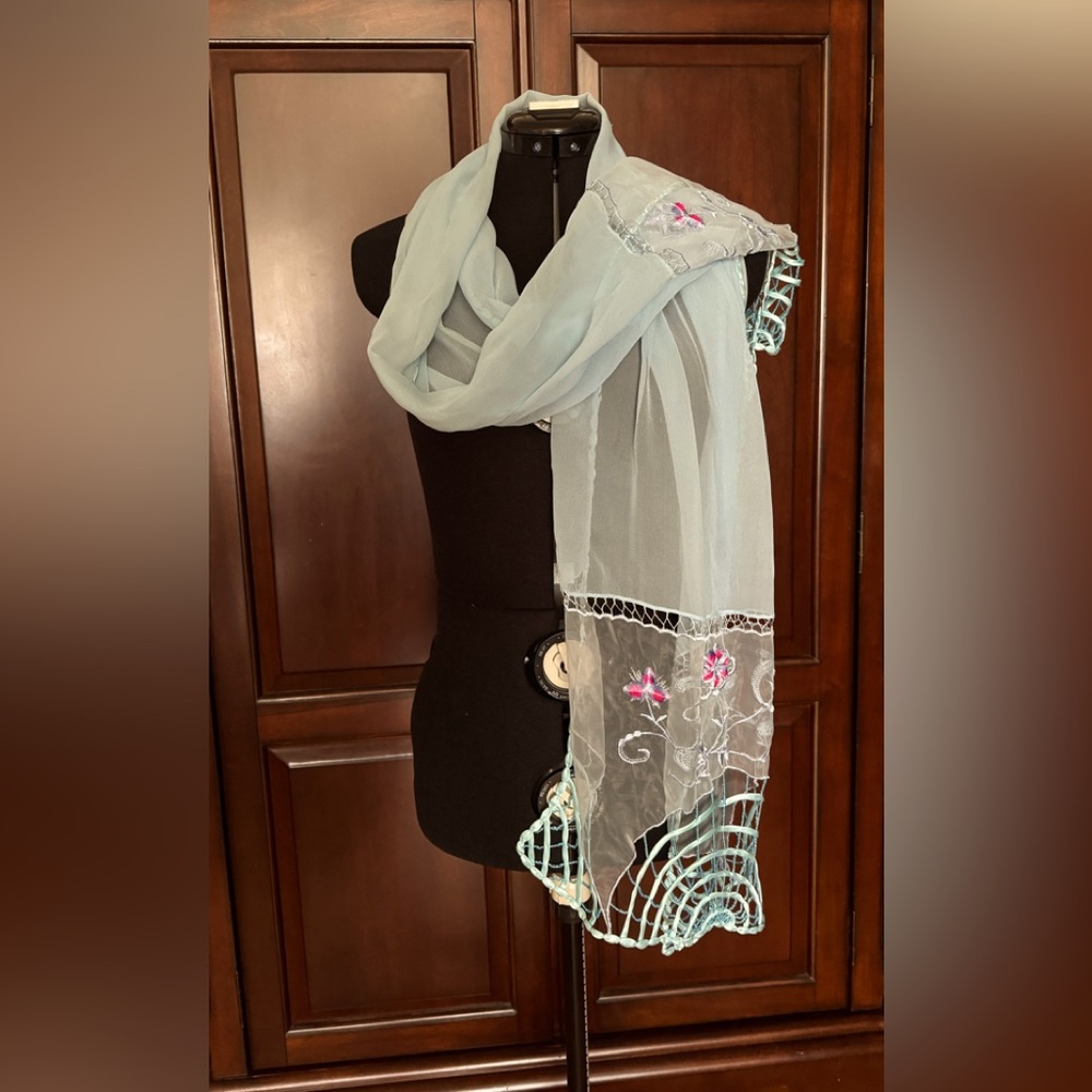 Beautiful light blue embroidered scarf